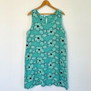 VASNA Size Large Linen Celadon Green Embroidered Poppies Sleeveless Shift Dress